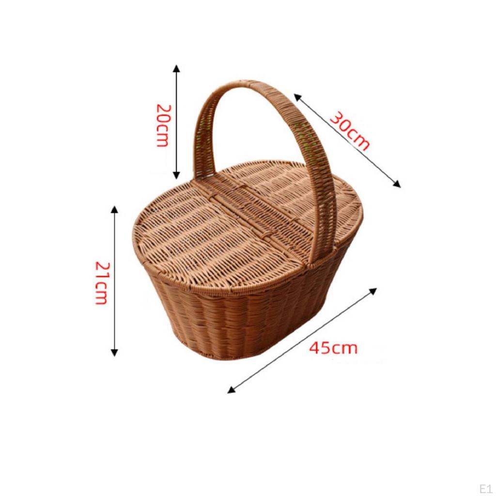 Picnic Basket with Lid Rattantype Handle HardSided for Storage, Shopping 45x30cm