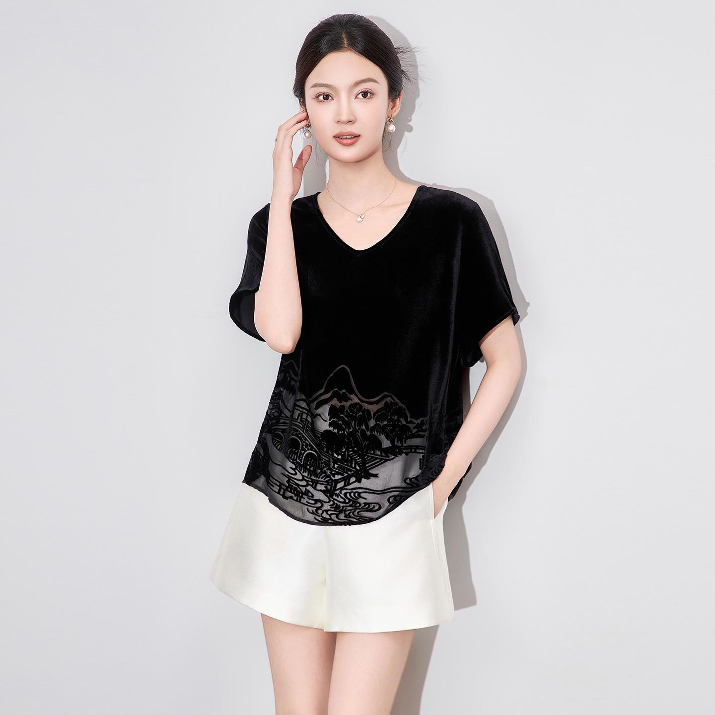 

Женский летний топ из шелкового бархата с V-образным вырезом и пейзажем в китайском стиле 2XL чёрный