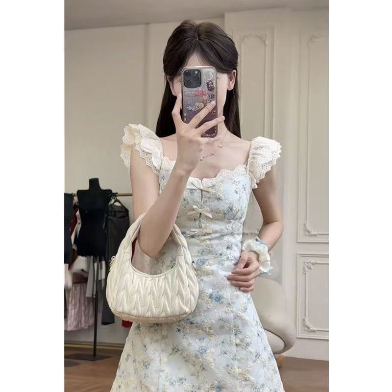 Summer Sweet Traces Temperament Thin Girl Dress Pure Desire New French Square Neck Floral Waist Skirt