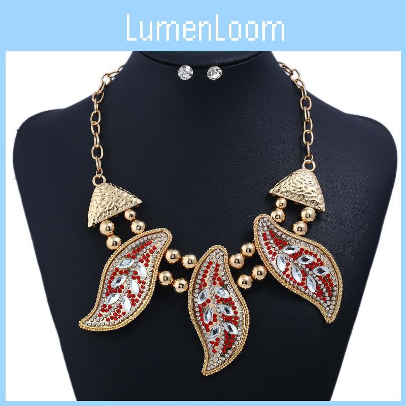 Vintage Leaf Necklace Set With Rhinestone Decor And Geometric Style Women For