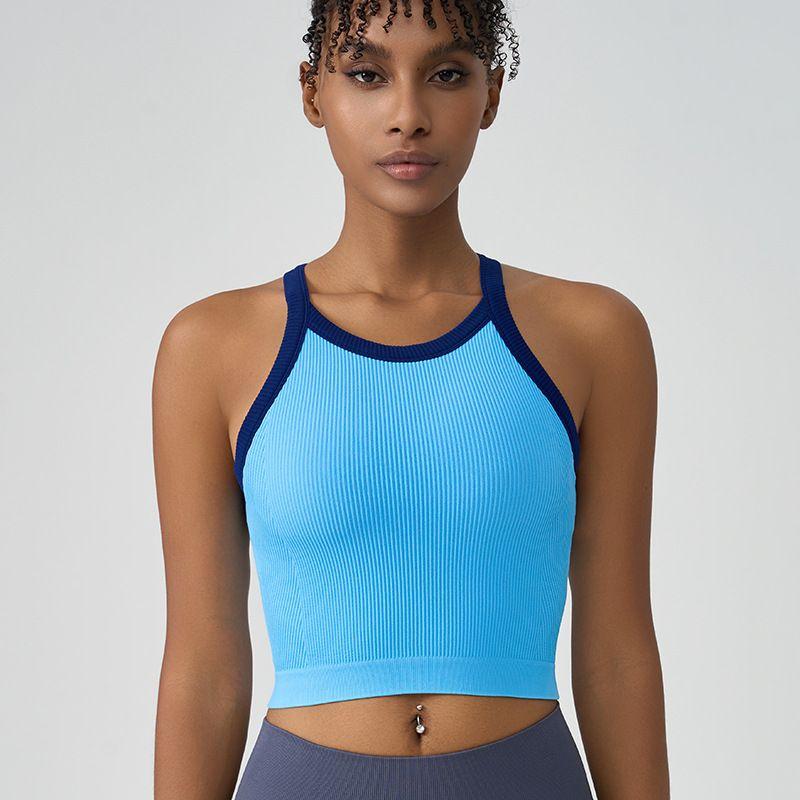 

2025 Cross-Border New Arrival Color Matching Sports Workout Bra Women s Sleeveless Breast Holding Big Chest Yoga Vest Tops Quick-Drying Aquamarine S