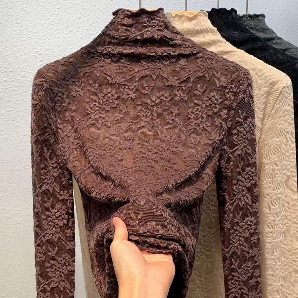 Women's High-Neck Lace Jacquard Base Layer Top - Fleece or Thin-Lined for Autumn & Winter Warmth.