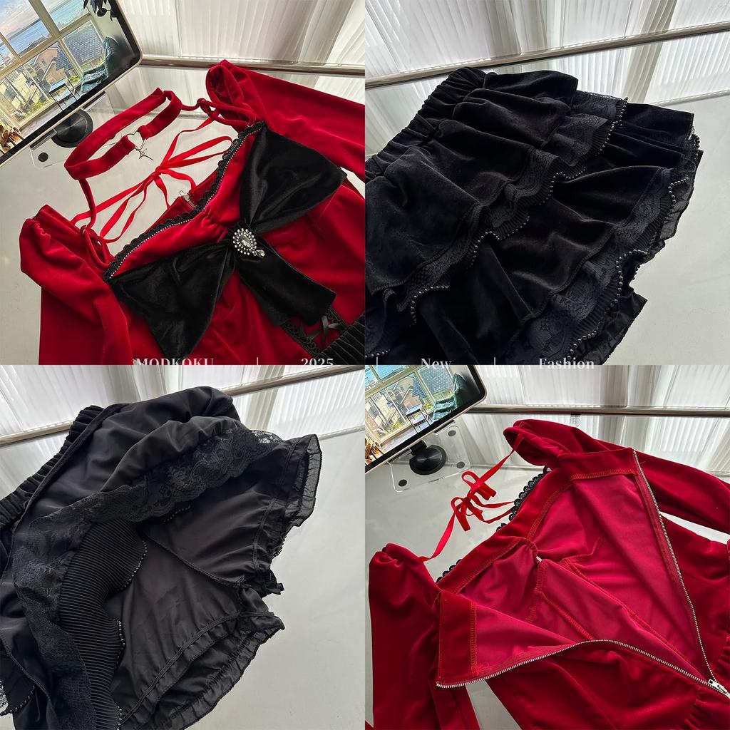 Subculture Korean Mini High Long Christmas Size M [MODKOKU] Women's Dress, Y2K, Style, Elegant, Feminine, Lace, Dress, Waist, Ribbon, Lined, Lace-Up,