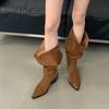 Retro Suede Leather Pleated Buckle Belt Zipper Women Knee High Boots Pointed Toe Thick Heels Western Cowboy Shoe 2 Ways To Wear
