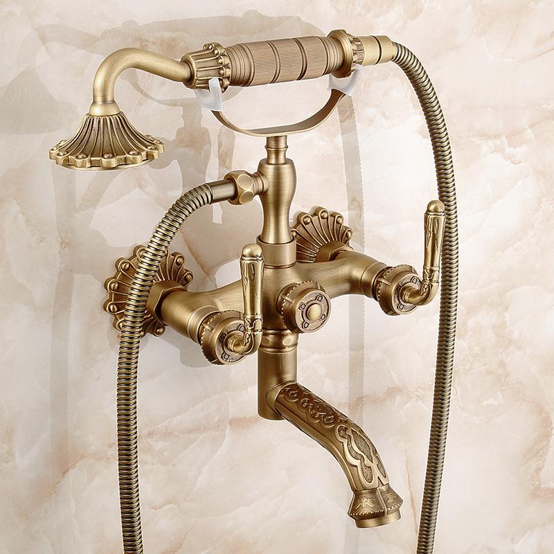 Retro Bathroom Bathtub Faucet Wall Mounted Hand-operated Showerhead Antique Brass Simple Showerhead Set for Bathing