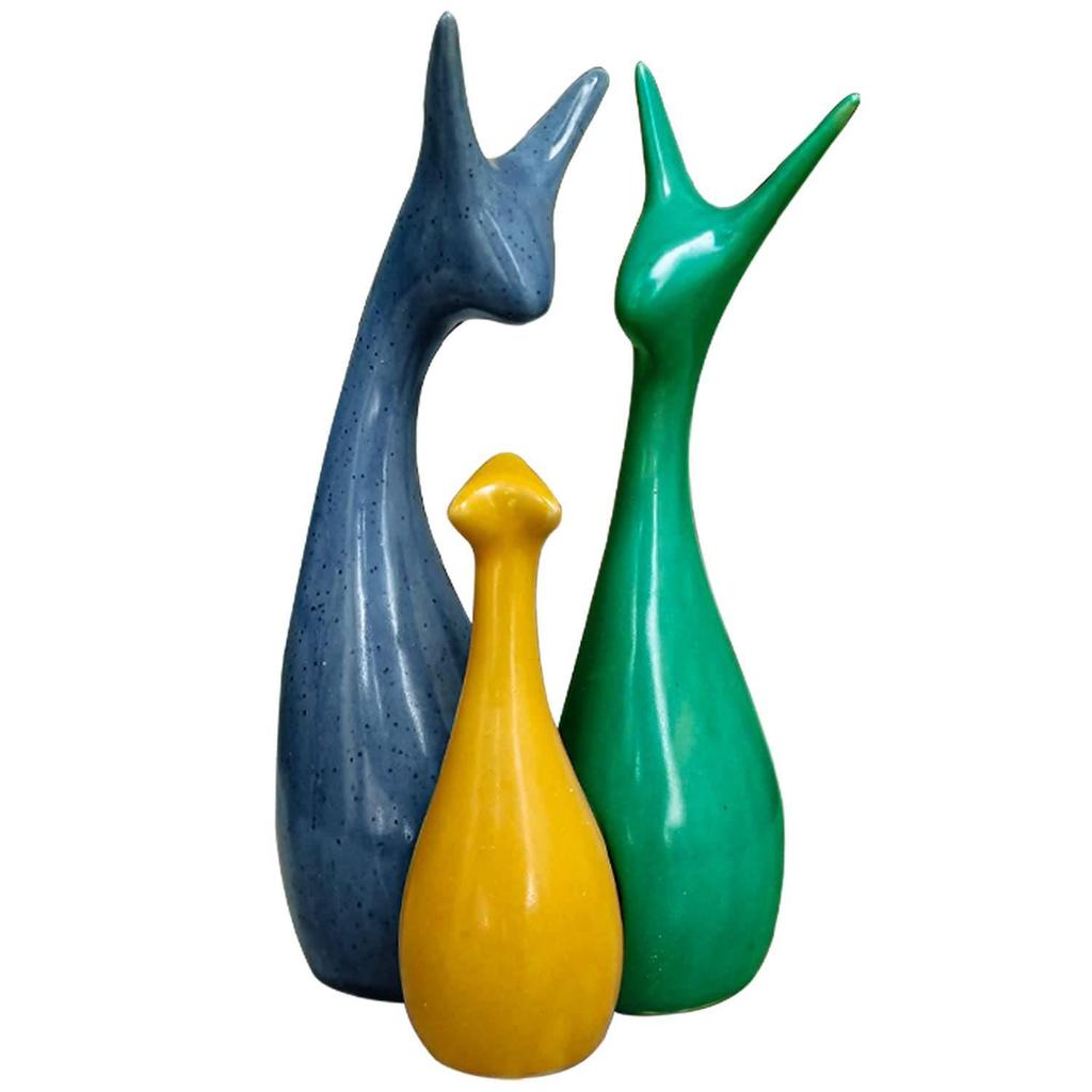 Home Decor Lucky Deer Family Piano Gloss Finish Ceramic Figures - (Set of 3, Yellow, Blue, Green)