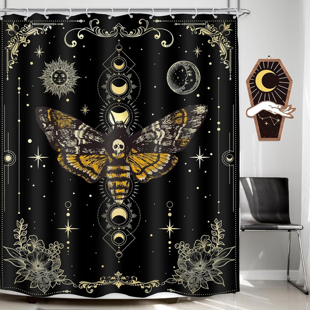 Gothic Skull Shower Curtain Bathroom Set Halloween Death Head Moth Pink Flower Leaves Spider Scary Witchy Bath Accessories