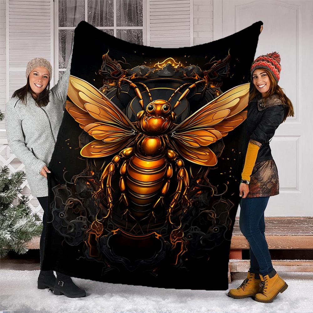 1pc Golden Bee Emblem Throw Blanket Polyester Fiber, Lightweight Flannel, Soft & Warm, All Season Use for Outdoor, Camping Digital Print