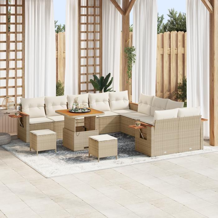 Ensemble de canapé de jardin 13 pièces avec coussins beige poly rattan acacia, Ensemble de salle à manger de jardin 3 pièces 3365181