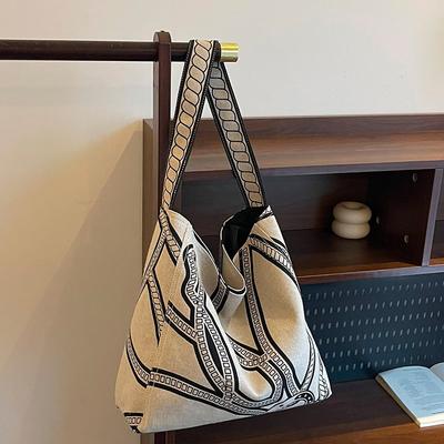 Retro Casual Tote Bag Fashiable Design Canvas Bag New Style Printed Shoulder Bag Large Capacity Ctrasting Handbags For Women
