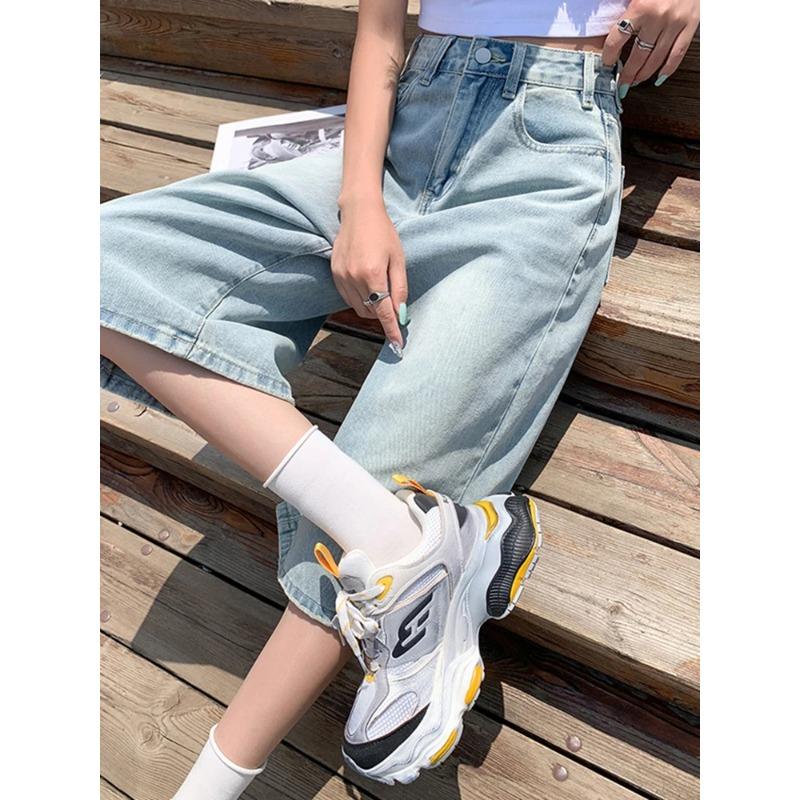 Dámské letní americké vintage pytlovité džínové zkrácené kalhoty, dámské vysoké pasové prané široké džíny, světle modré volné kraťasy do A