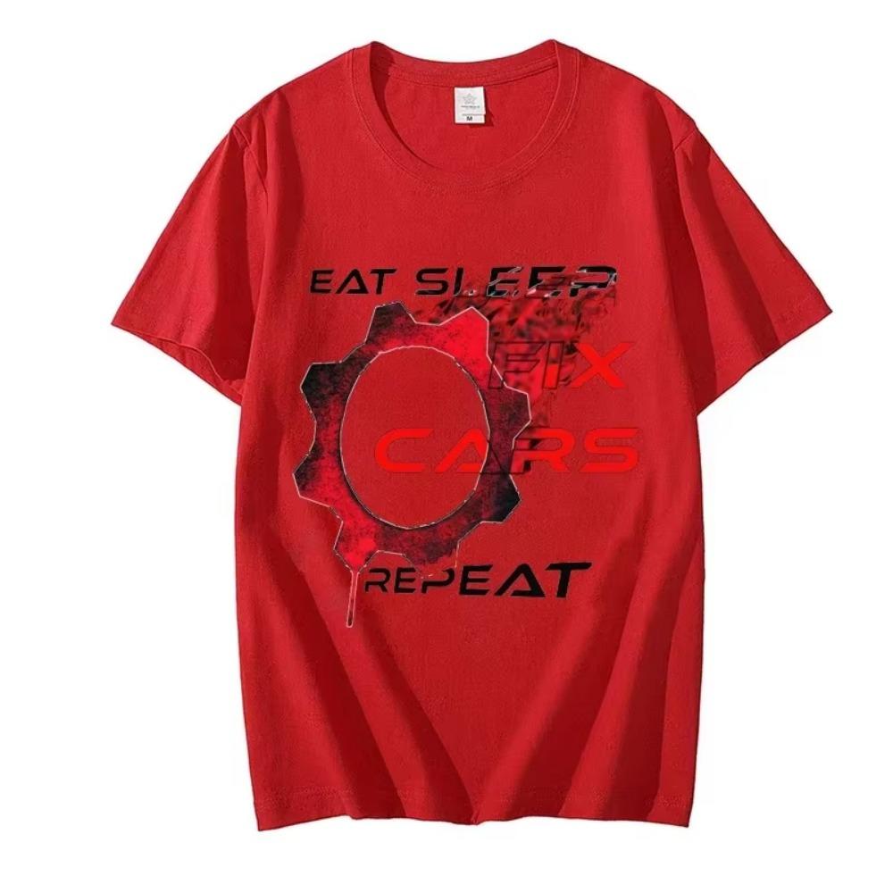 2024 New Trendy Summer Fashion Men T-shirt Funny Car Mechanic Eat Sleep Fix Cars Repeat Print Tops Tshirts Camisas Streetwear
