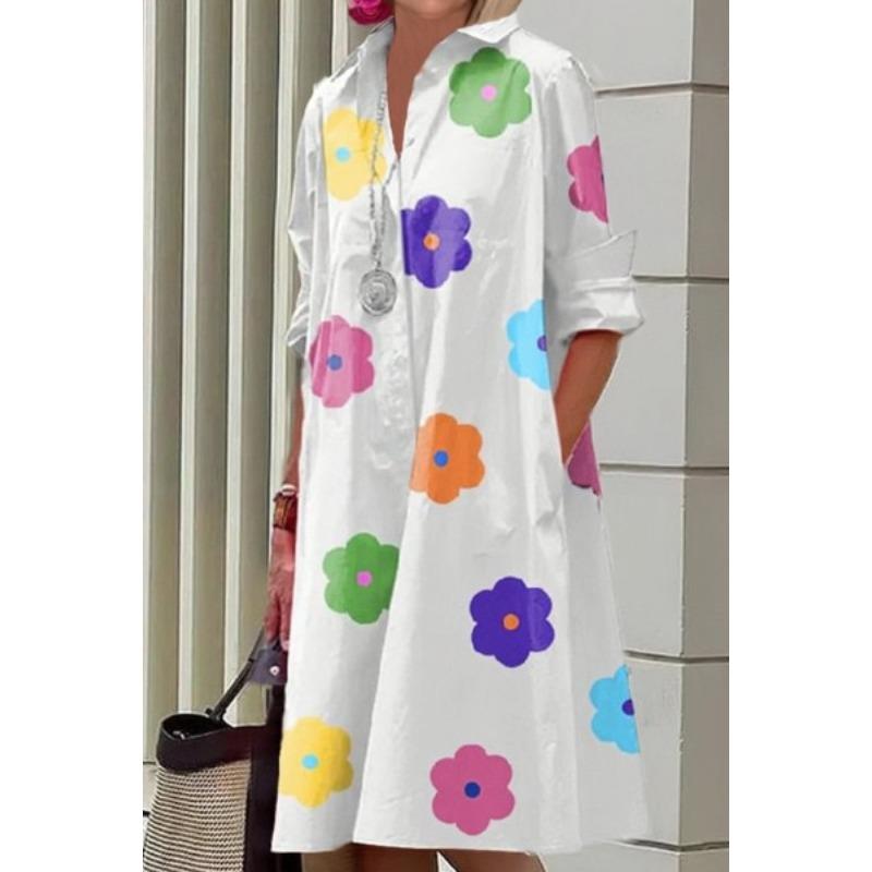 Novos produtos de outono, camisa com gola estampada de bolinhas de temperamento fashion, manga comprida, vestido médio e longo