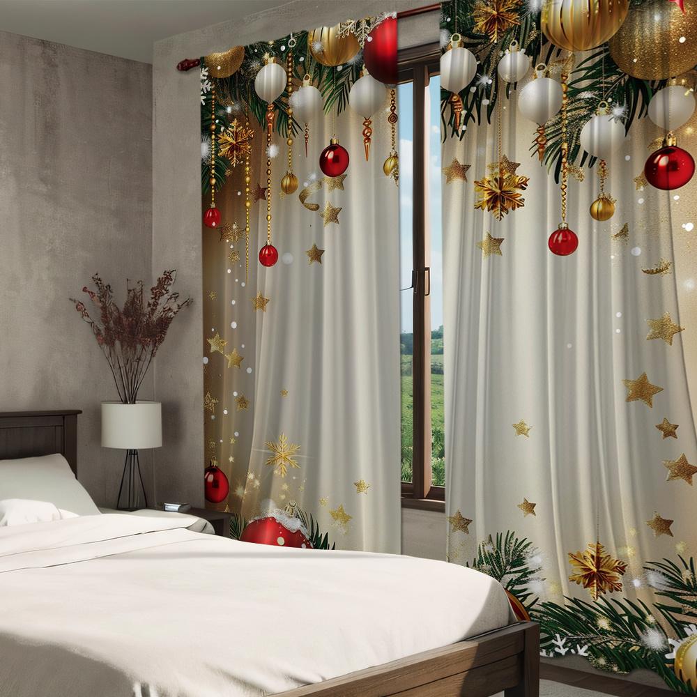 2 stuks Rode Kerst Bedrukte Semi-Verduisterende Gordijnen met Groene Takken en Gouden Ballen Drapes voor Woonkamer Slaapkamer