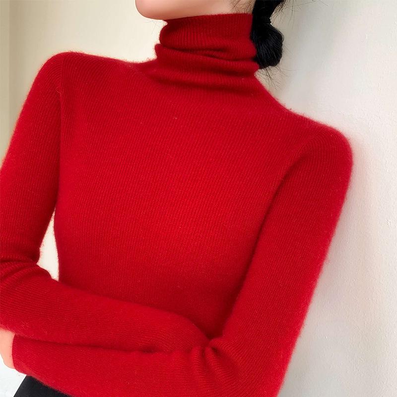 Women's Slim-Fit High-Neck Seamless Wool Base Layer Shirt, Autumn/Winter, Ruched Neck, Knitted Sweater.