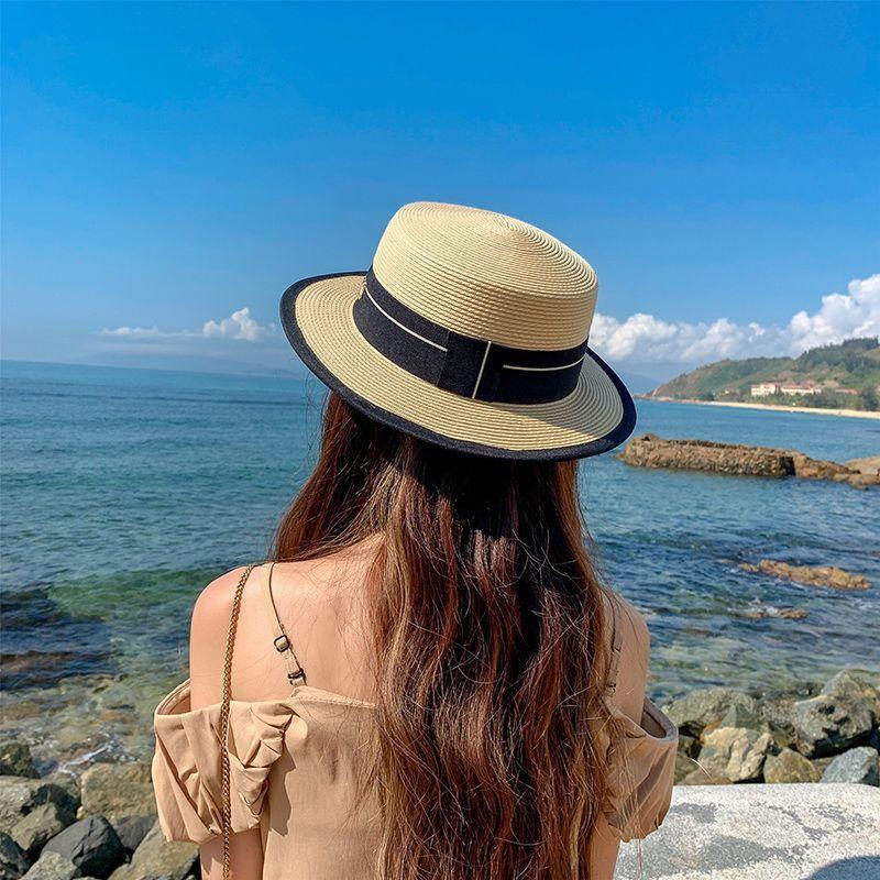 Hat Women's Summer British Hat Flat Top Short Brim Top Hat Outdoor Sun Protection Beach Resort Seaside Sun Hat