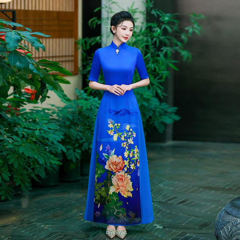 1011 new Vietnamese Aodai catwalk cheongsam high-end atmospheric improved version of Chinese style stage performance dress purple