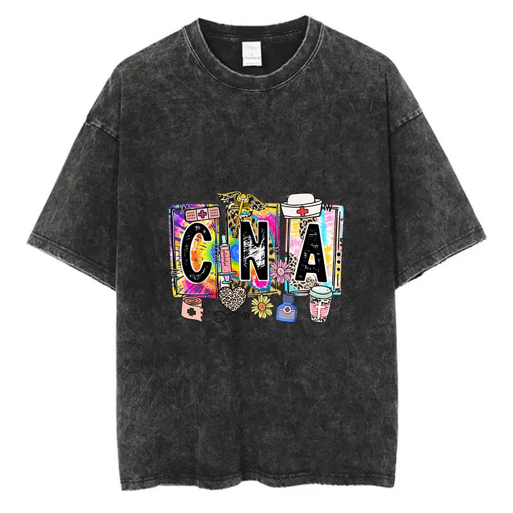 

Acid Wash Casual Graphic TShirt for Women CNA Nurse Leopard Print Medical Assistant Vintage Short Sleeve Daily Fashion Tops S