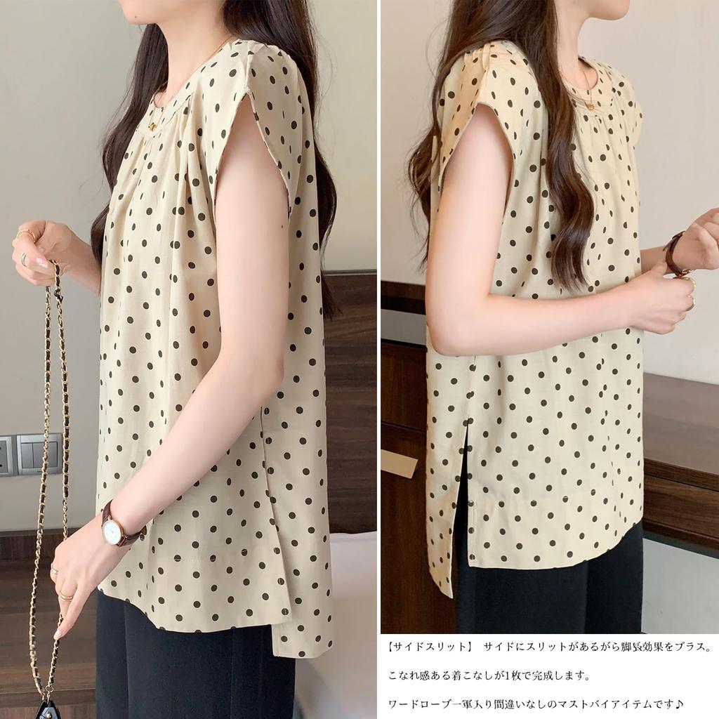 RoyzTocz Short Sleeve Round Neck Blouse with Polka Dots and Summer Plus Women's Slits. Top. Elegant, Size, Fashionable, Casual, Stylish, Slimming,