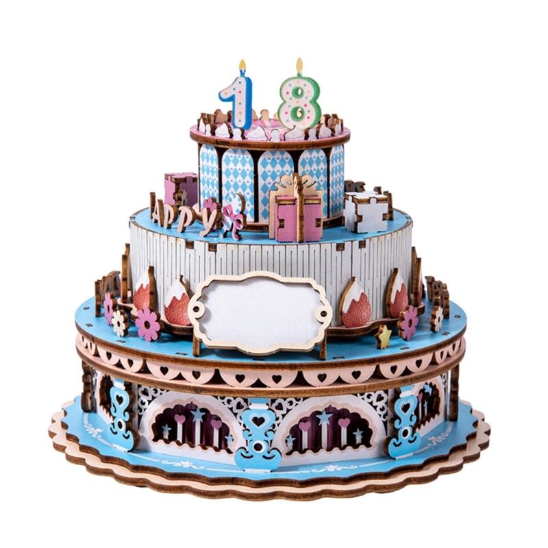 

Wooden Mechanical Rotating Birthday Cake Music Box Craft Set Easy Assembly No Tool Required Musical Ornament Gifting синій