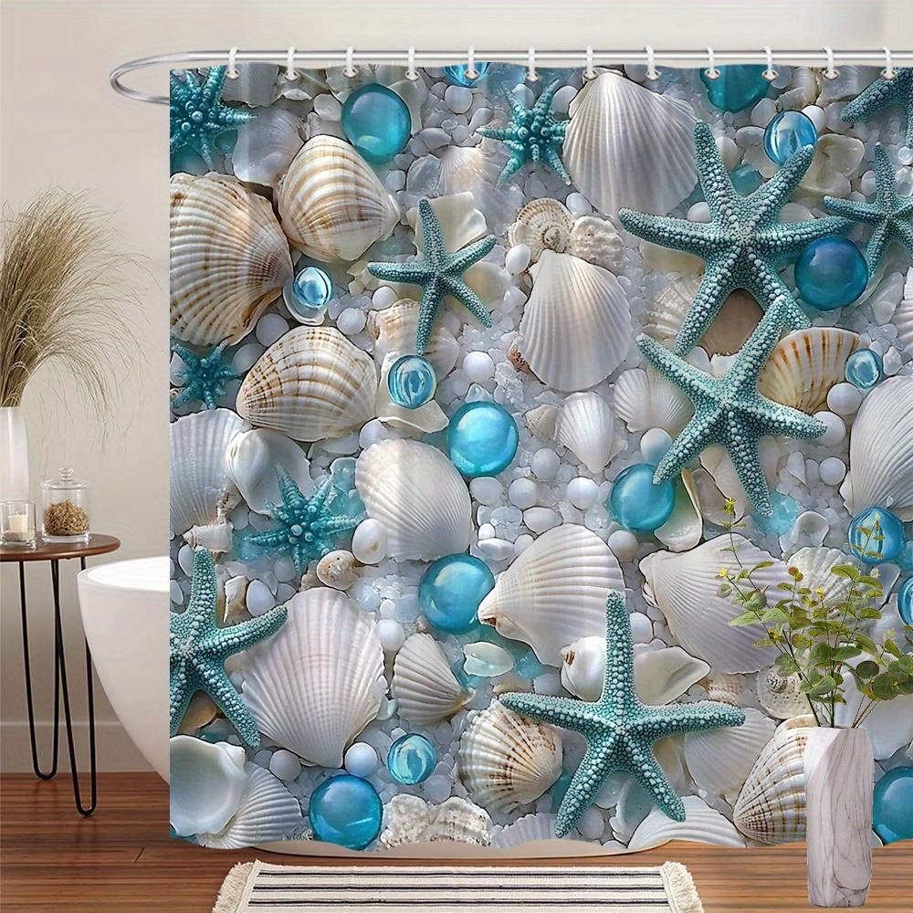 Coastal Beach Shower Curtain - Seashells & Starfish, Light Blue Glass Orbs & Beige Shells Design, Polyester,  Coastal Bath Decor W90XH180cm