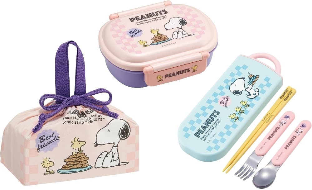 Skater PEANUTS 80s Cafe Antibacterial Dishwasher Safe Soft Lid Tight Lunch Oval 360ml Trio Set and Lunch Character Set Box, Shape, (Chopsticks, Spoon,