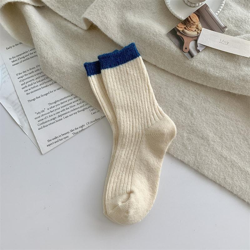 Color-Blocking Double-Needle Merino Wool Socks New Women'S Socks Thickened Warm Mid-Leg Socks Cold-Proof Socks