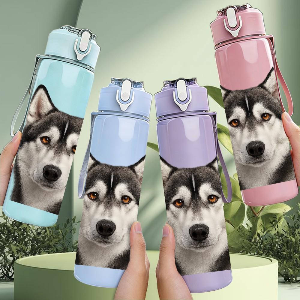 1PC Husky Dog Face Closeup 750ml Color Plastic Sports Water Bottle Leakproof Flip Straw Lid Suitable for Sports Office Home Use