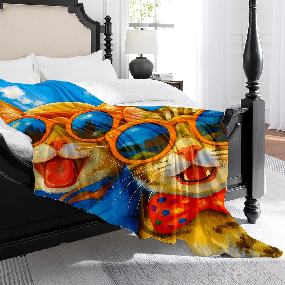 1pc Whimsical Cat with Fashion Glasses & Ice Cream Print Flannel Blanket - Soft, Warm, Machine Washable, All-Season Cozy Throw
