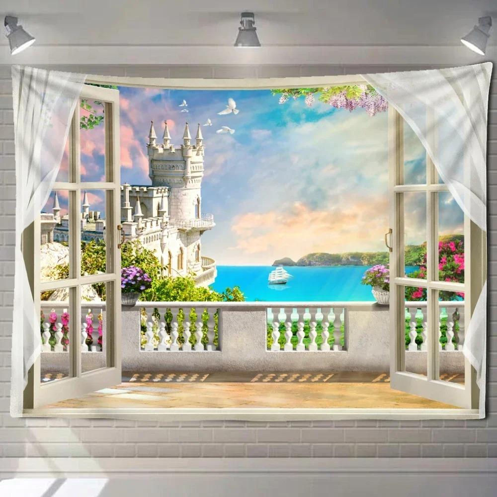 Home decoration natural ecological beach scenery imitation window paper art tapestry background wall room beautiful living room