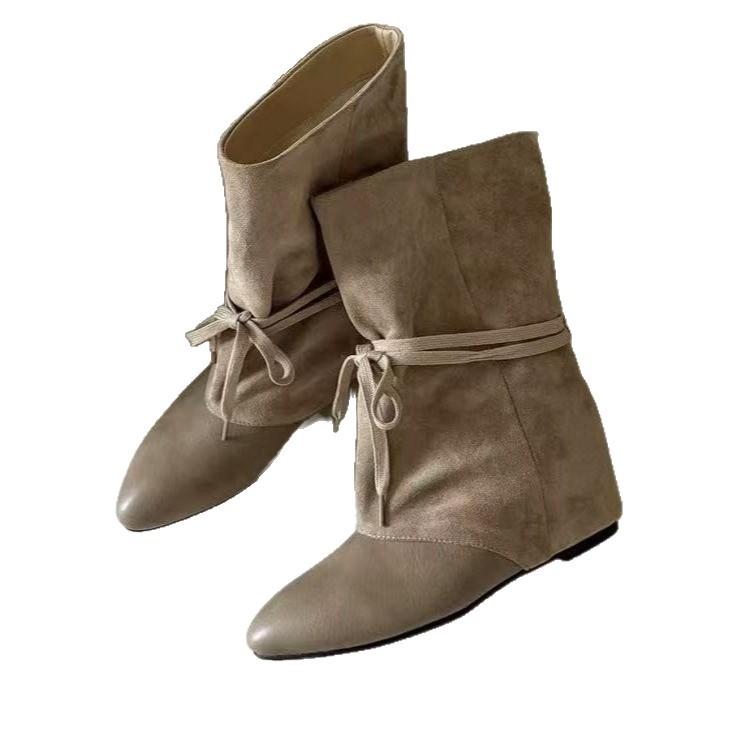 Soft leather version~ autumn and winter new retro pointed strap wide tube short boots women's fashion western boots inner heightening stacking boots