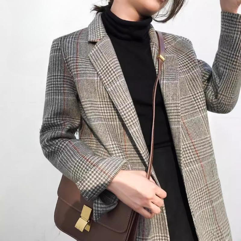 Plaid Suit Vintage Loose Mid-length Autumn and Winter Wool Plaid Small Suit Jacket Women