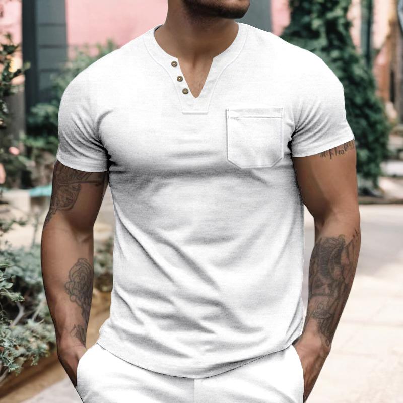 Summer Men's Thin V-Neck Solid Color Casual Breathable Short Sleeve T-Shirt With Pocket