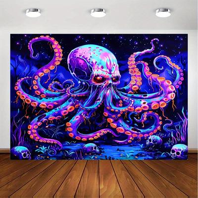 Vibrant Neon Octopus Skull Abstract Gothic Ocean Dream Wall Tapestry Poster Decoration Art Print for Halloween Spooky Decor