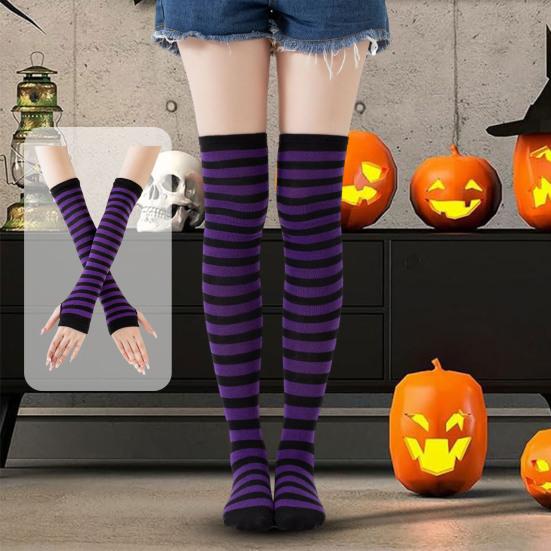 Damesett med stripete armvarmere og leggvarmere, strikket vintersokker over kneet, langt sett med fingerløse hansker til jul og Halloween