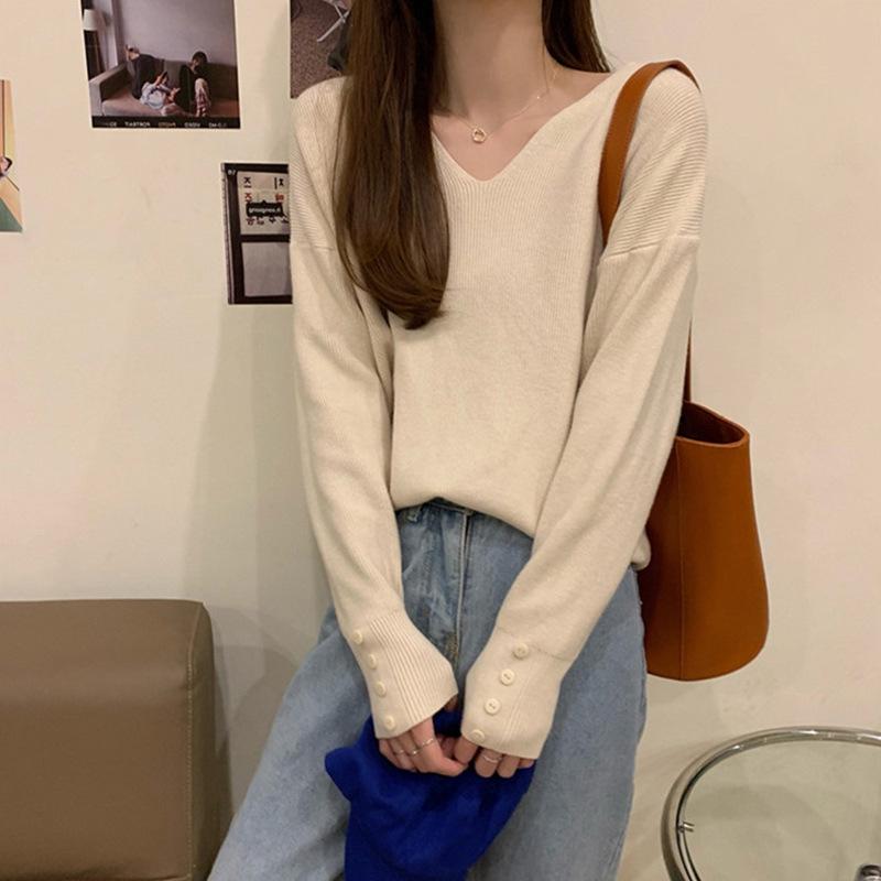 Svetr s výstřihem do V jednobarevný pro ženy s dlouhým rukávem s volnou pleteninou uvnitř pulovr ležérní tenký podzimní a zimní svetr