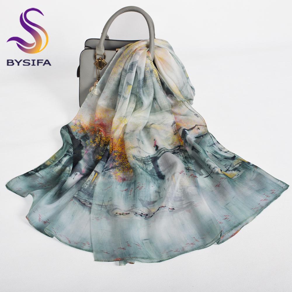 [BYSIFA] Purple 100% Mulberry Silk Scarf Wrap Fall Winter Magnolia Design Long Scarves Shawls Women Spring Summer Beach Shawl
