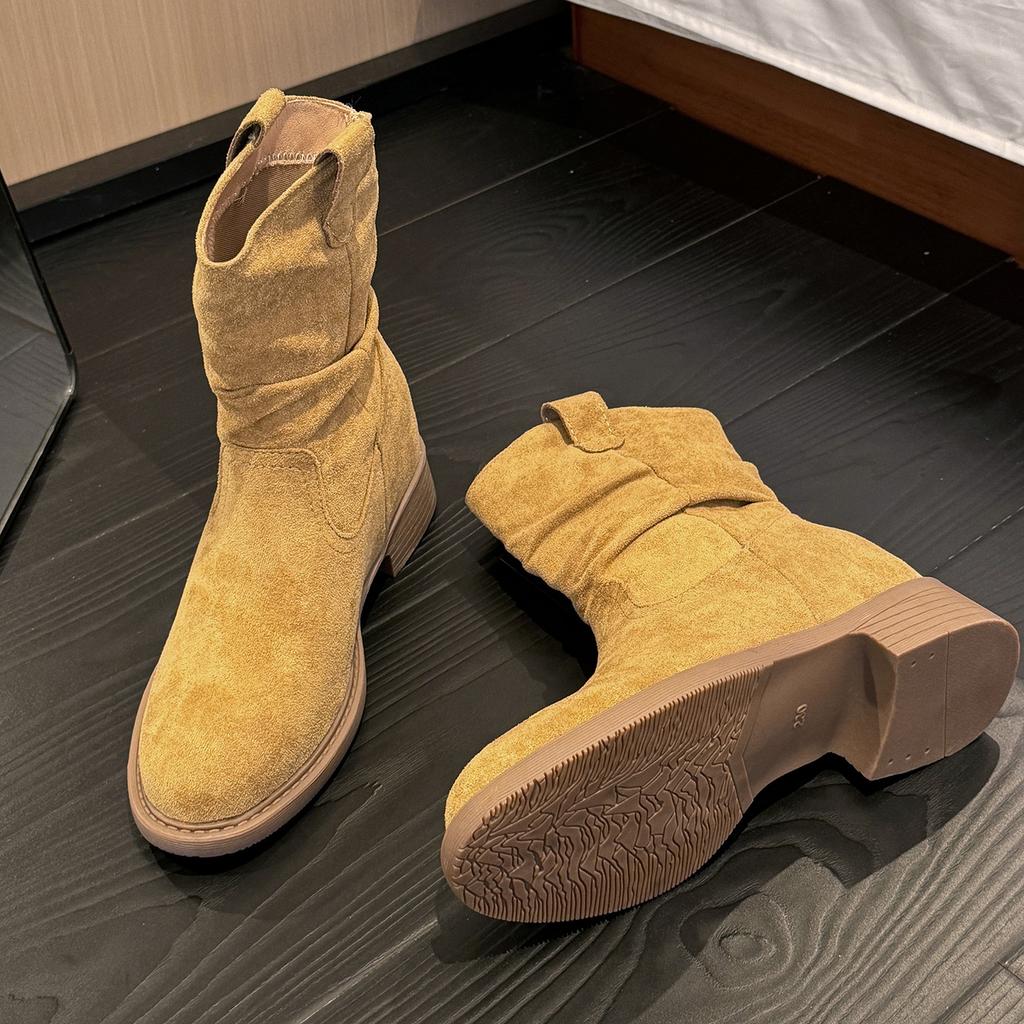 Retro round head short boots women's 2025 autumn new fashion versatile casual medium tube pleated western pile Martin boots