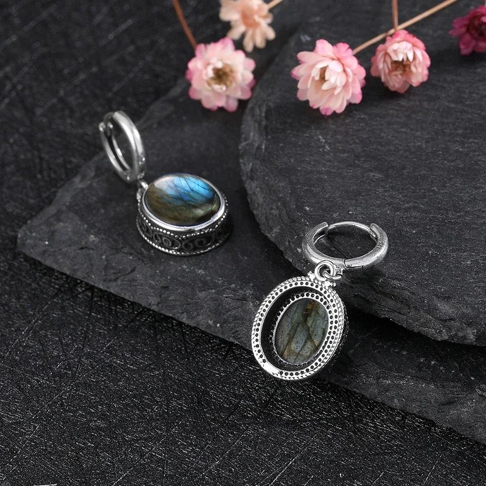 Vintage 925 Silver Natural Labradorite Earrings with Blue Light 10*12mm Big Stone Hoop Earrings Fine Jewelry for Women