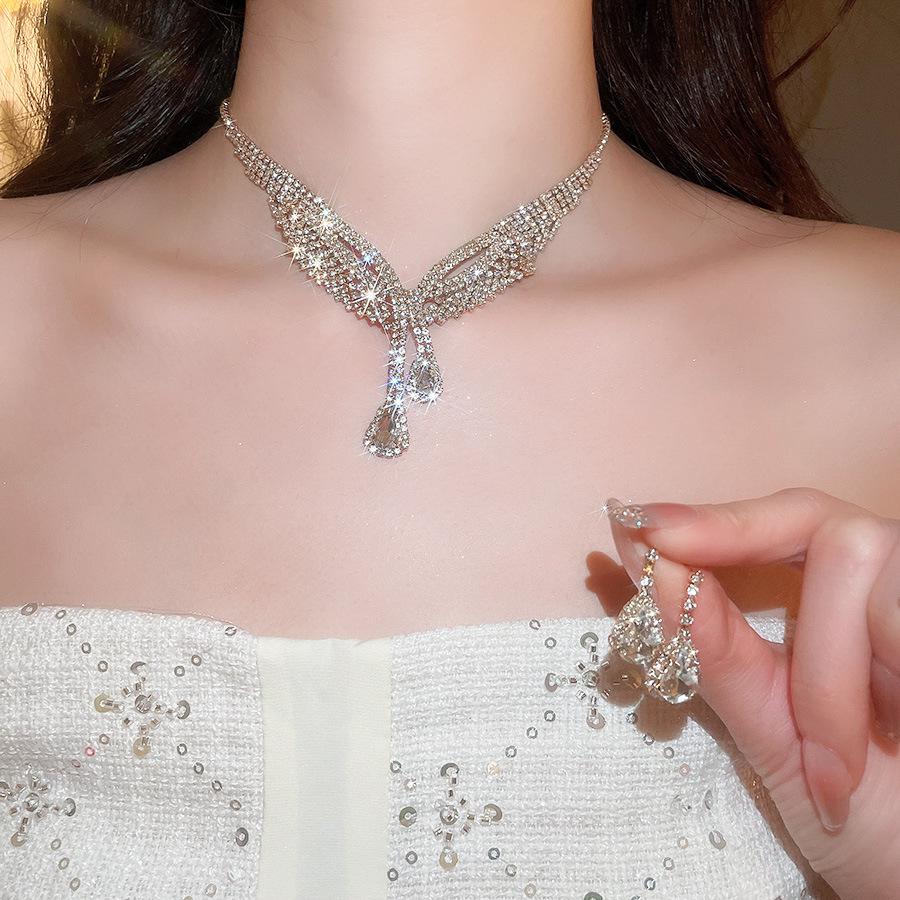 Exquisite Rhinestone Water Drop Tassel Necklace & Earring Set - Luxurious European & American Style