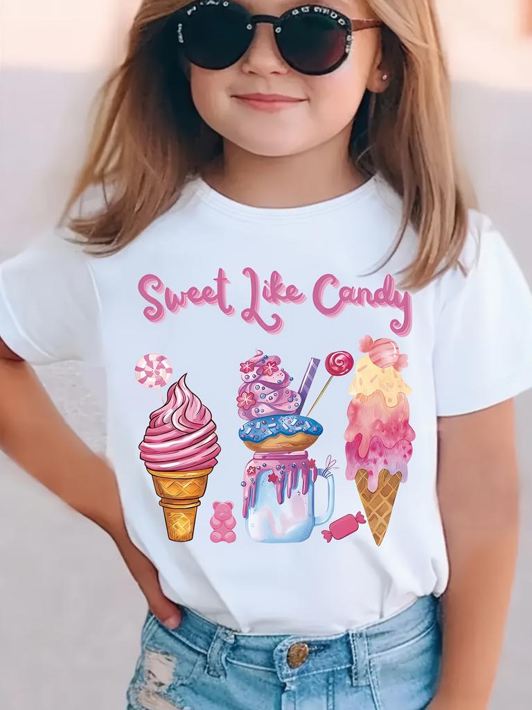 As Sweet As Candy Ice Cream Printed Roundneck Shortsleeved Tshirt Casual and Comfortable Girls Tshirt Polyester Fabric
