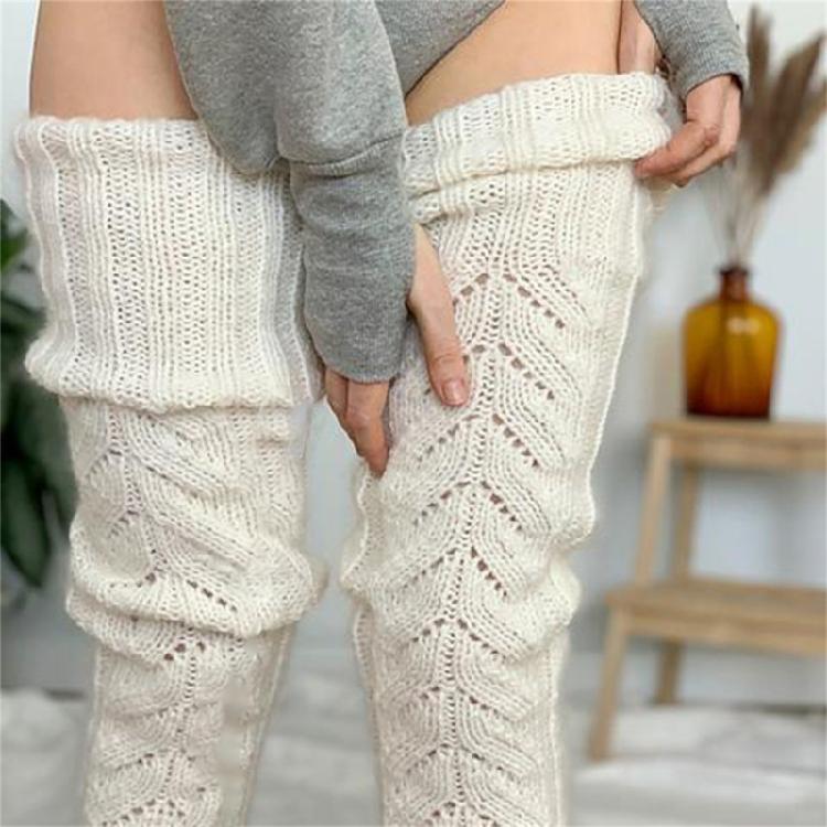 Damen Winter Beinwärmer Ausgestanzt Gestricktes Muster Oberschenkelhohe Stiefelsocken Einfarbige Über dem Knie Lange Strümpfe