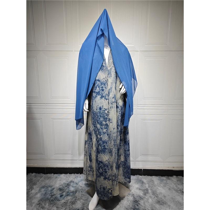 Módní muslimská dámská šifonová dvou dílná sada s potiskem a šátkem na hlavu, letní ležérní kabátek