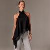 Women Summer Sleeveless Halter Top Satin Lace Trim Asymmetrical Hem Blouse
