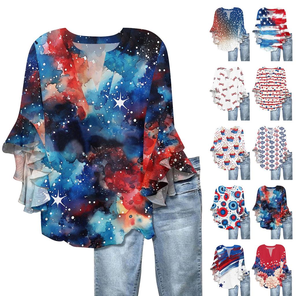 3/4-Ärmel-Hemden für Damen, bedruckte Grafik-T-Shirts, Blusen, lässige Oberteile in Übergröße, Basic-Oberteile mit Rüschenärmeln, Unabhängigkeitstag