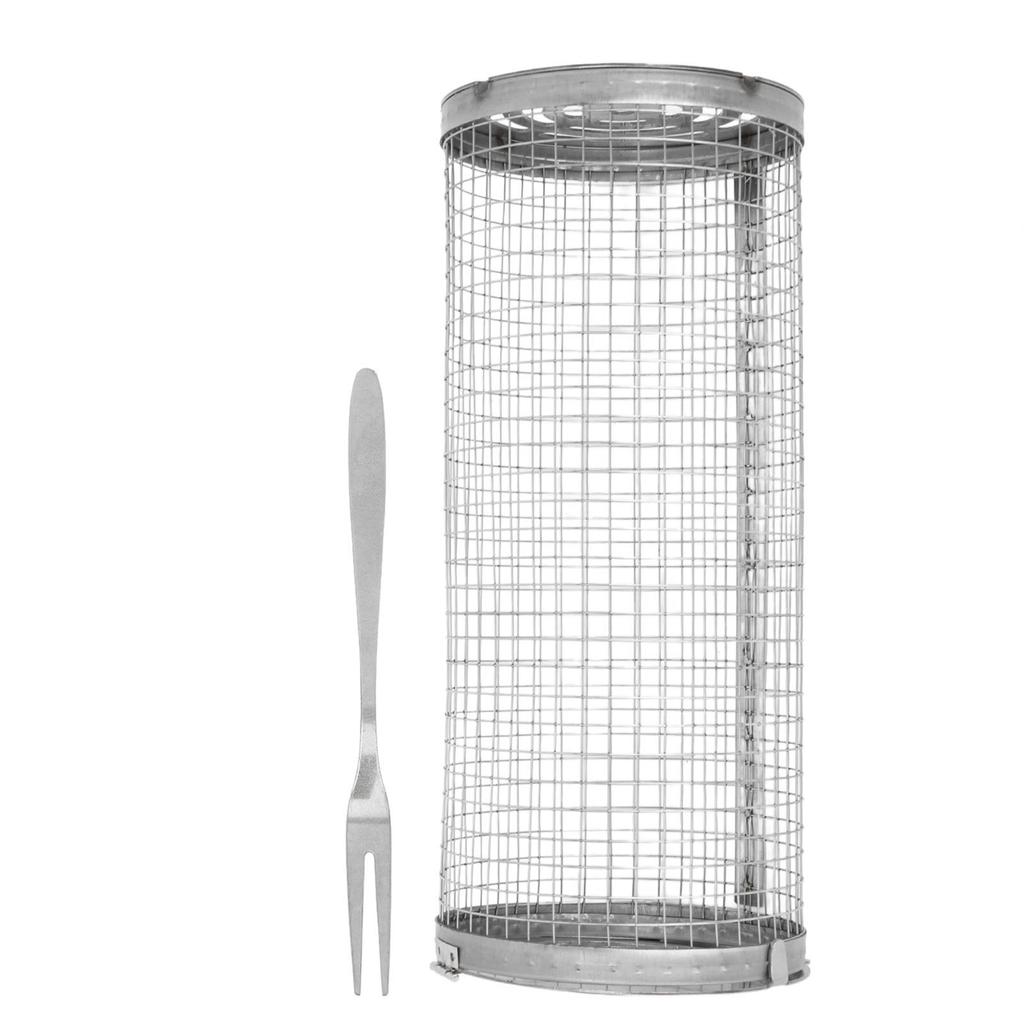 Rolling Barbecue Basket Open Grid Stainless Steel Wire Mesh Cylinder Grill Basket for Fish Vegetable French Fries L