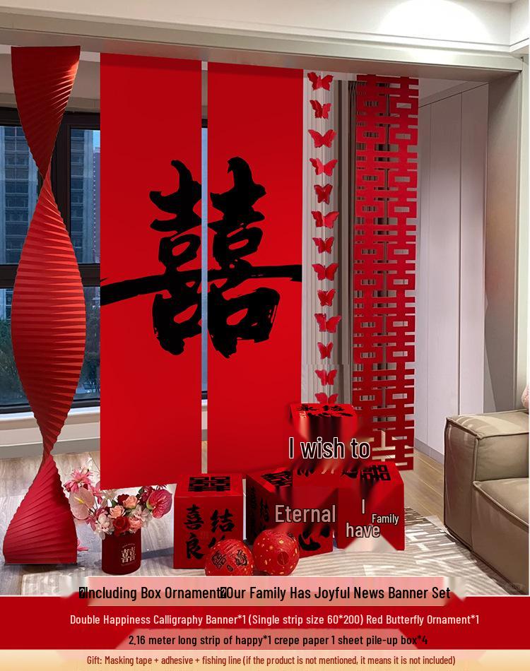 Double Happiness Wedding Room Cloth Banner Set for Ceremony and Hotel Décor