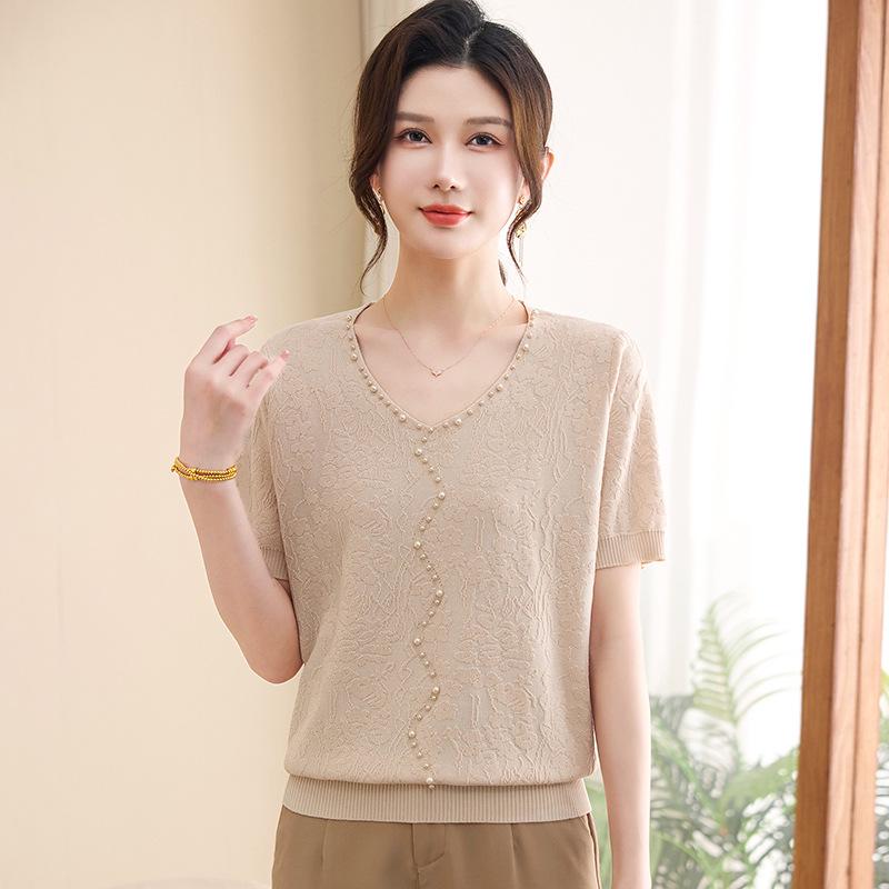 New Chinese Style Beaded Jacquard Tencel Silk Blend Women's Short Sleeve Knit Top