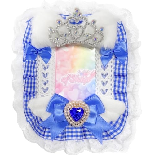 efShop Trading Card Case B8 [Cat Ear Gingham Check] Hard Case Top Loader for Oshikatsu (Blue, Heart)