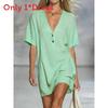 Abito Estivo in Cotone e Lino da Donna con Scollo a V e Collo Semiaperto Stile Casual A-line